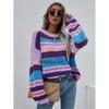Womens Oversized Knit Sweater With Colorblock Stripe Design Round Neck Long Sleeve Loose Fit Casual Office Wear