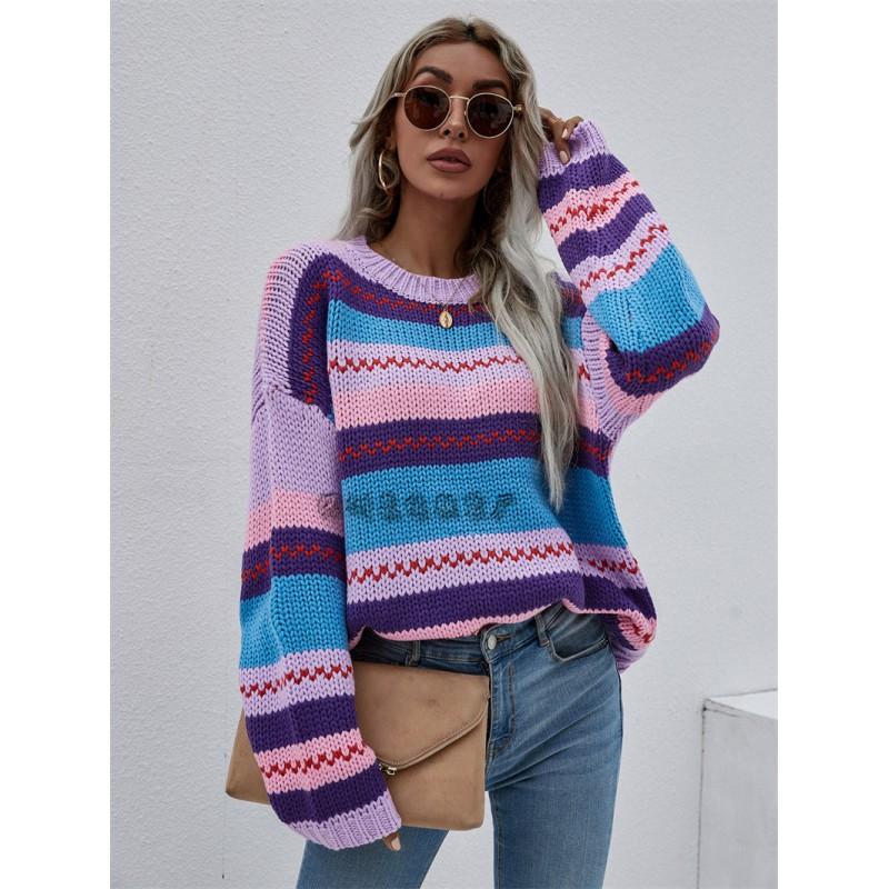 Womens Oversized Knit Sweater With Colorblock Stripe Design Round Neck Long Sleeve Loose Fit Casual Office Wear