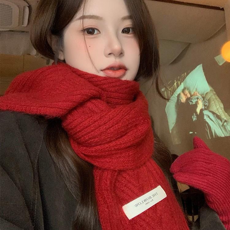 Retro Red Scarf Winter Women's New Korean Style Warm and Thickened Cold Proof Neck Protection Couple Knitted Small Scarf