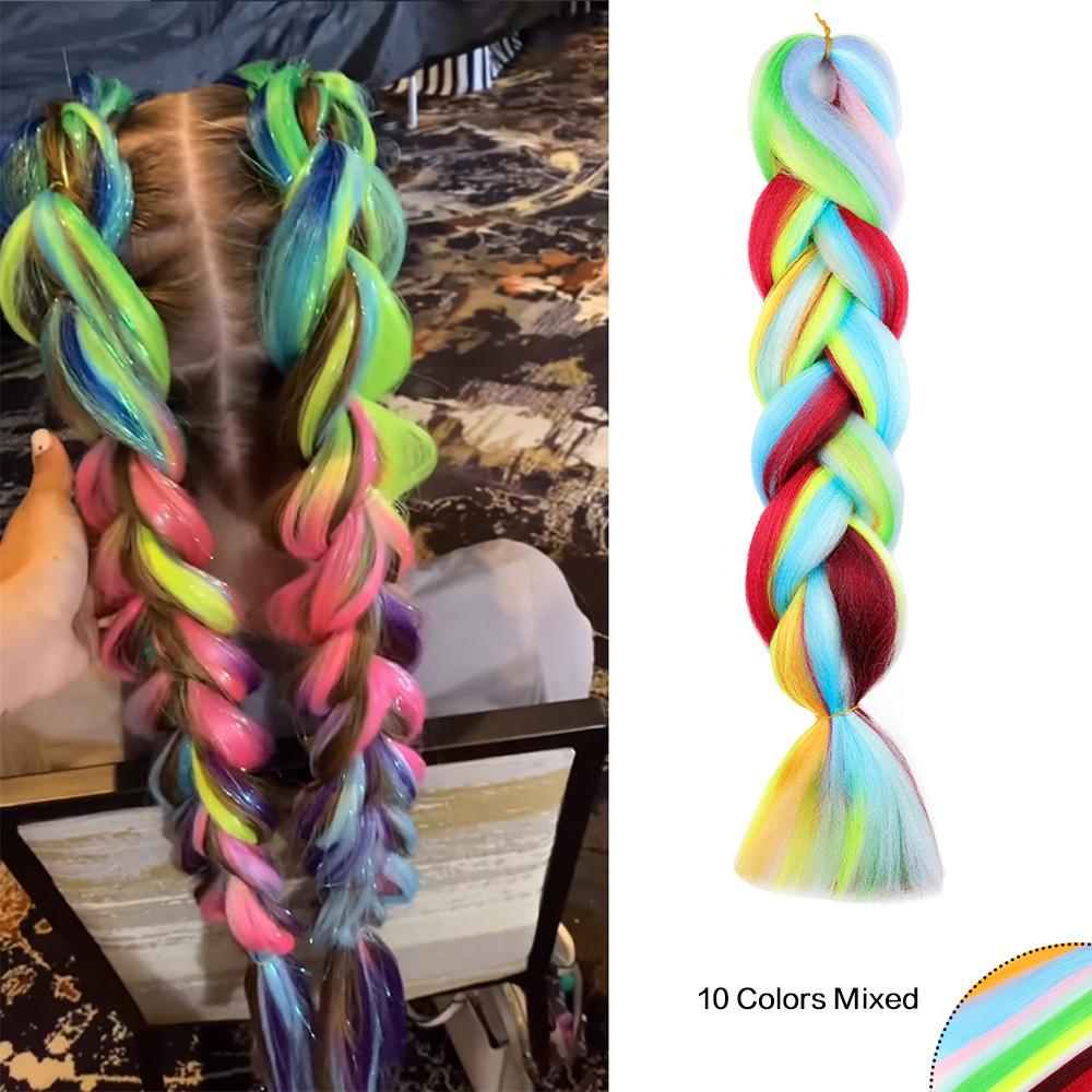 Jumbo Braiding Hair Rainbow Colors Extensions Fiber Mix Four Silky Colorful Twist Hair Extensions  Colored Synthetic Braids