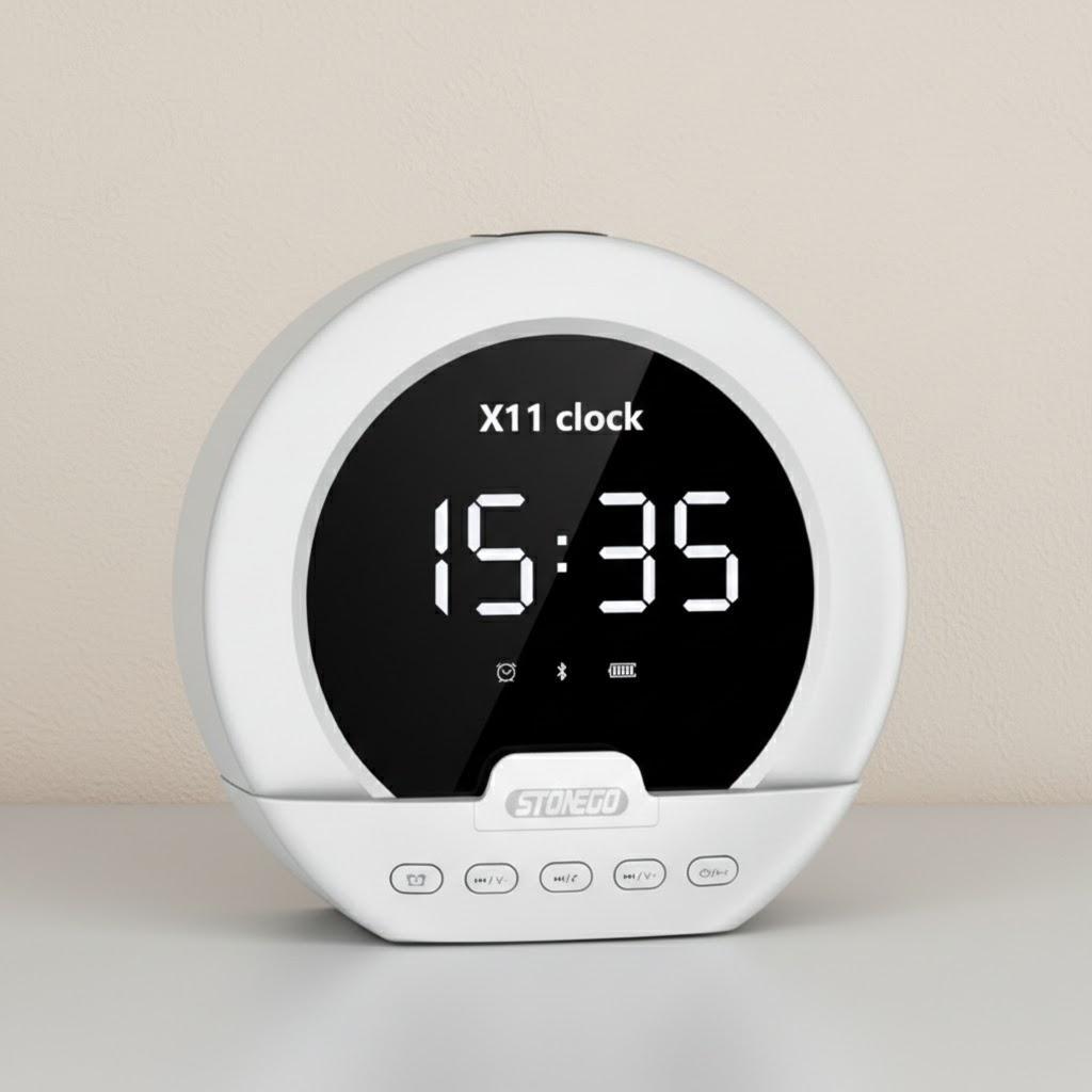 

Portable TWS Bluetooth Speaker with Heavy Duty Subwoofer Alarm Clock Phone Holder Thermometer Digital Mini Audio Device білий