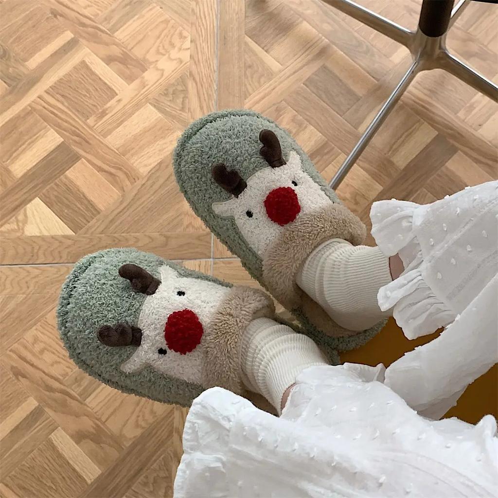 Shoes for Women Christmas Fluffy Fur Slipper Women Winter Warm Plush Home Slippers Flat Cute Slippers Men Women Couples Slippers