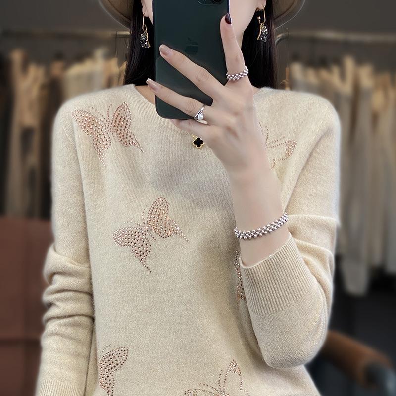 Butterfly Rhinestone Crew Neck Casual Spring Sweater for Women