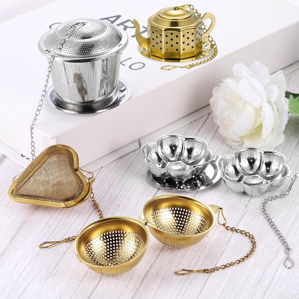 uxcell Tea Infuser Filter with Chain and Drip Tray, 2-Piece Set, Loose Tea Steeper for Brewing Loose Leaf Tea, Stainless Steel Tea Strainer, Gold