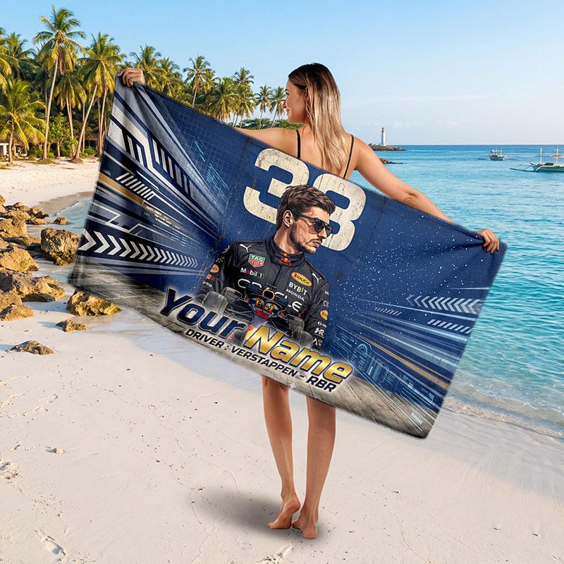 Asciugamano da Spiaggia Personalizzato con Nome Testo Max Verstappen, Asciugamano Morbido Assorbente per Spiaggia Piscina Viaggio Regalo Personale