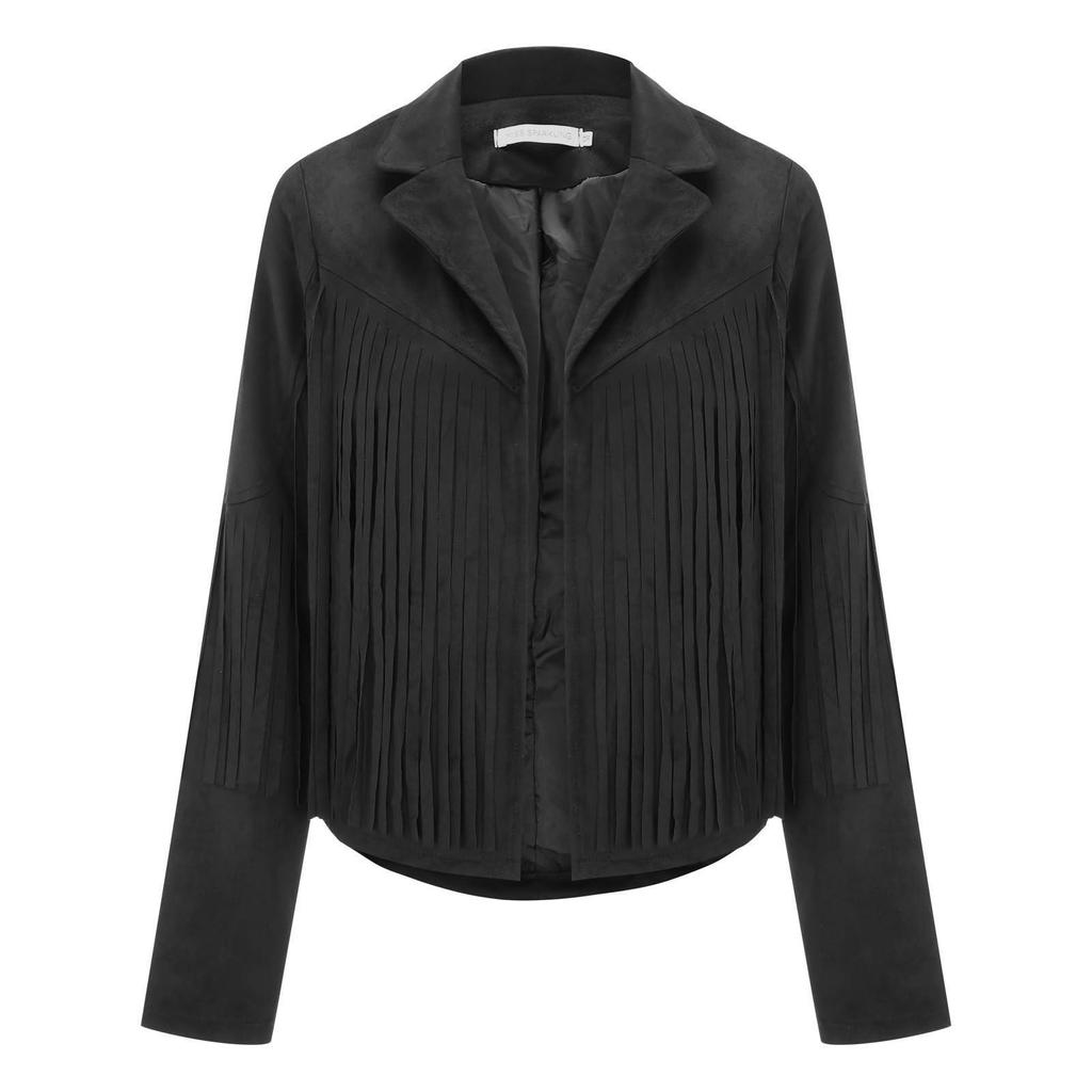 Women Faux Suede Leather Tassel Jackets - Vintage Lapel Open Front Cowboy Style Long Sleeve Tassels Cardigan Coat Tops
