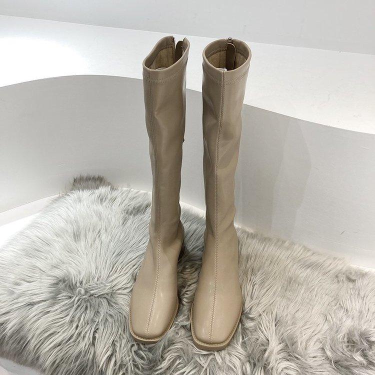 Rear zipper velvet boots 2023 new square-headed knight boots white versatile high boots women's thin boots