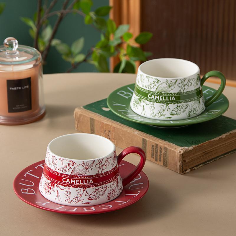Chinese Style Ceramic Coffee Cup Saucer Set Household Drinking Cup Afternoon Tea Tableware Niche Latte Cup High Looking Girls