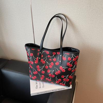 New Cherry Printed Tote Bag Pu Shoulder Messenger Large-capacity Bag Summer Fashion Versatile Commuter Bag