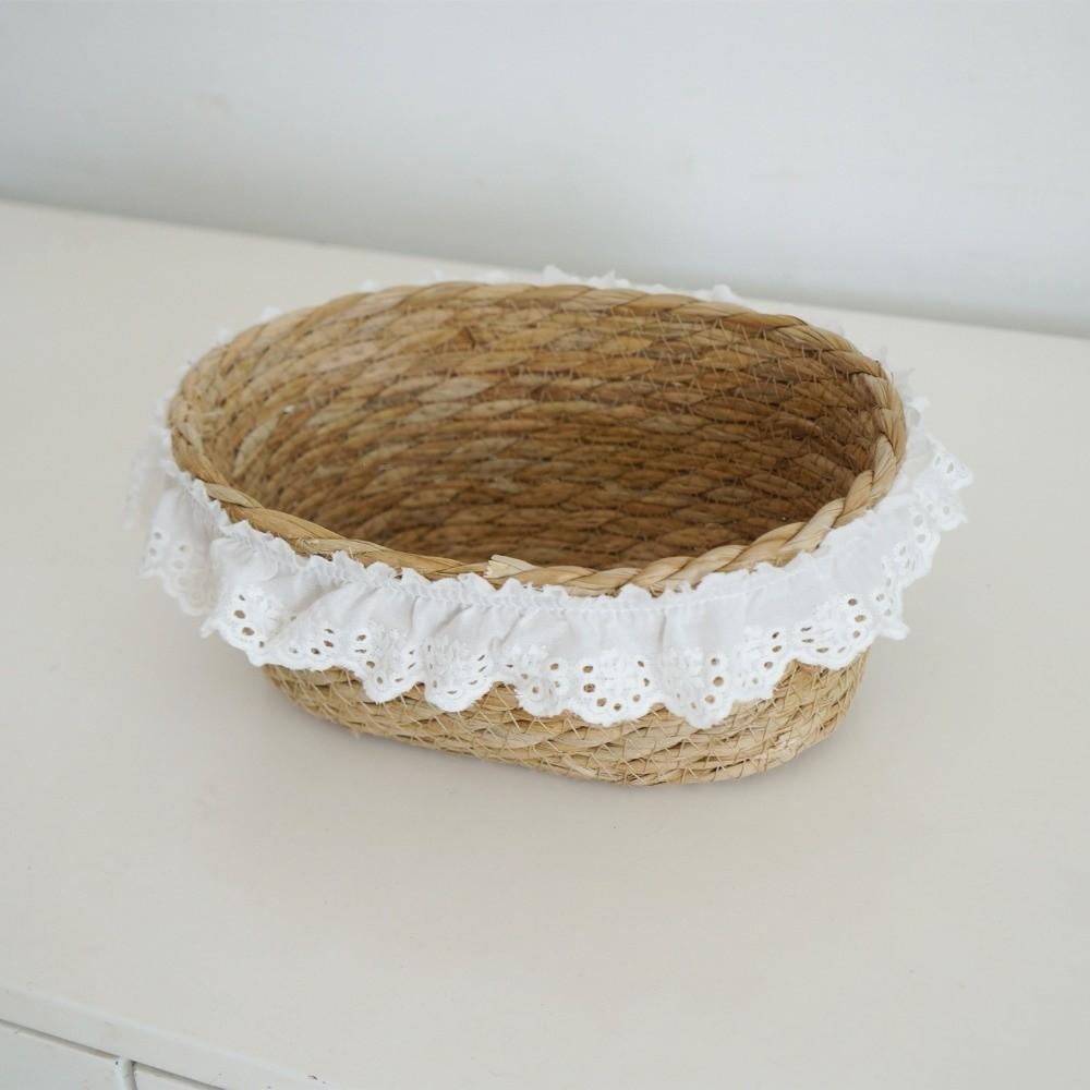Oval Round Storage Basket with Lace Trim Organizer Basket Desktop Sundries Storage Box Camping