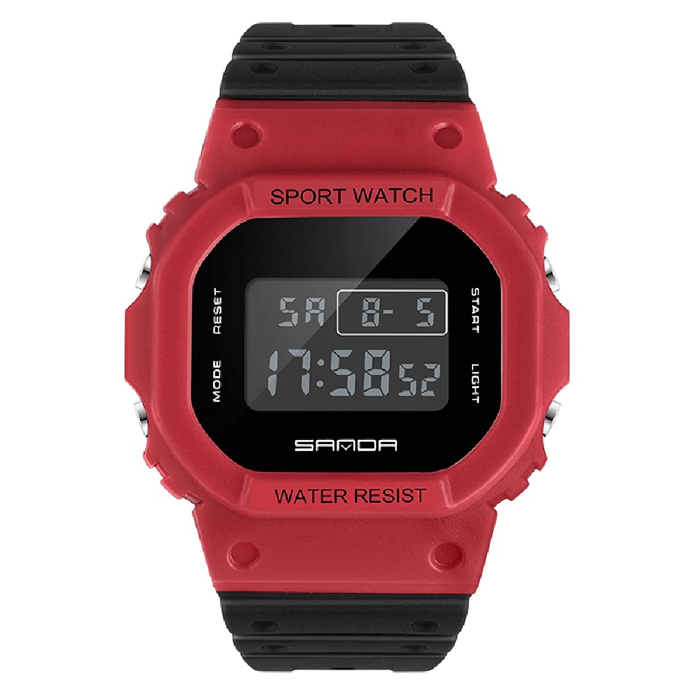

красивые цифровые часы для мужчин и женщин со светодиодной подсветкой и 8 цветами, будильником, секундомером, подсветкой, (Красно-черный)