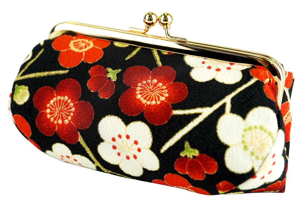 Wa KOMONO Komon Kobo Uni Made in Futago Chirimen Japanese Pattern Cosmetic Pouch Plum Free Size (0105-13) Seni, Japan, [Modern Blossom/Black],
