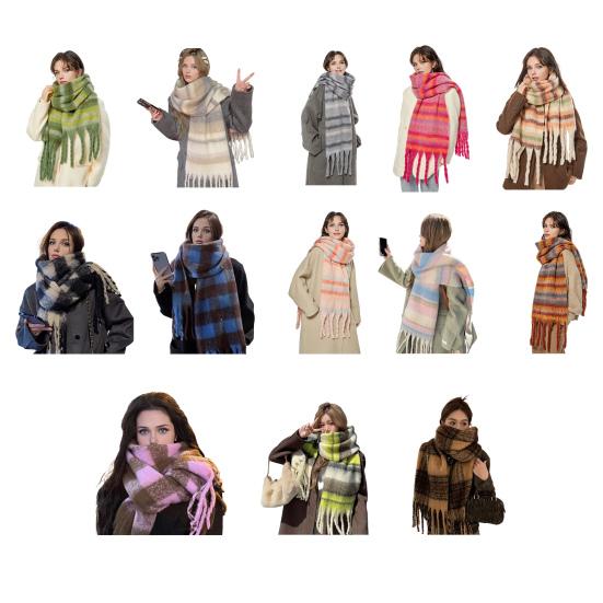 Winter Scarf Cashmere Feel Plush Scarf with Tassel Decoration Thickened Warm Plaid Pattern Winter Long Scarf