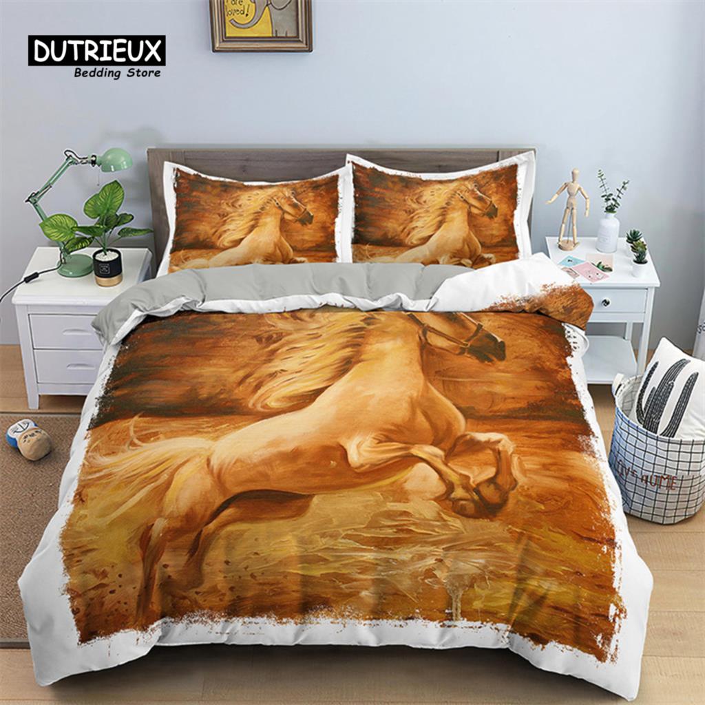 Horse Duvet Cover 3D Steed Farm Animal Comforter Cover Polyester Exotic Style Western Cowboys Bedding Set Twin For Kids Boy Teen