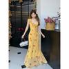 Yellow Lotus Leaf Edge Strap Slim Floral Dress Women's New Bright Dopamine Huge Good-looking Skirt