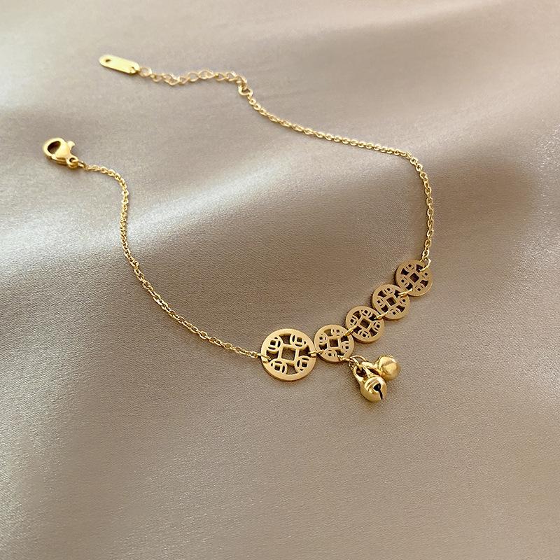 Titanium Steel Copper Coin Bell Fringed Bracelet New Chinese Light Luxury High-end Anklet Fashion Versatile Design Jewelry Women