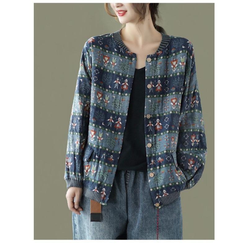Modischer Herbst Neu Locker Literarisch und Vielseitig Lässiger Bedruckter Cardigan Koreanischer Stil Baumwolle und Leinen Kurze Jacke