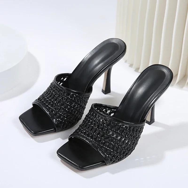 Fashion Comfort Concise Woven Design Brand Slippers Women Fashion Mesh Square Toe Slide Sandals Summer Sexy Open Toe High Heel Sandals