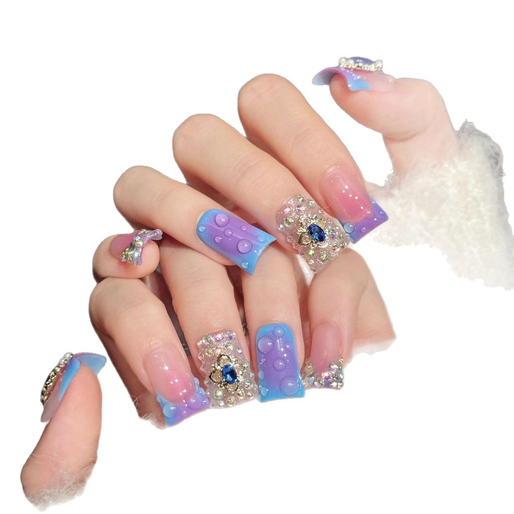 Square Press On Nails Purple Fake Nails with Glitter Design Press Ons Artificial Acrylic False Nails Full Cover Stick On Nails Glue On Nails for Women