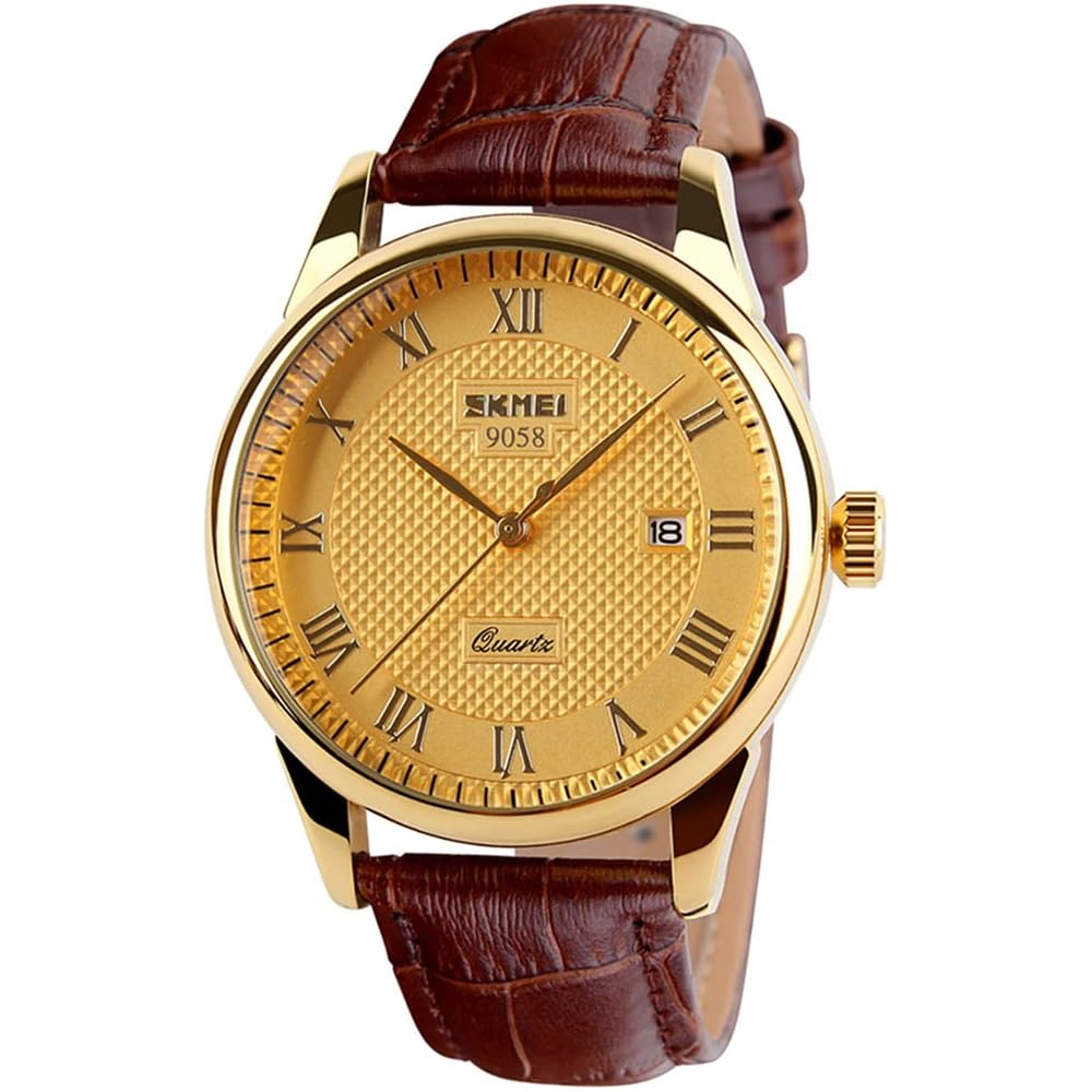 Men s Classic Brown Leather Strap Watch Waterproof Analog Quartz Lightweight Date Display Gold