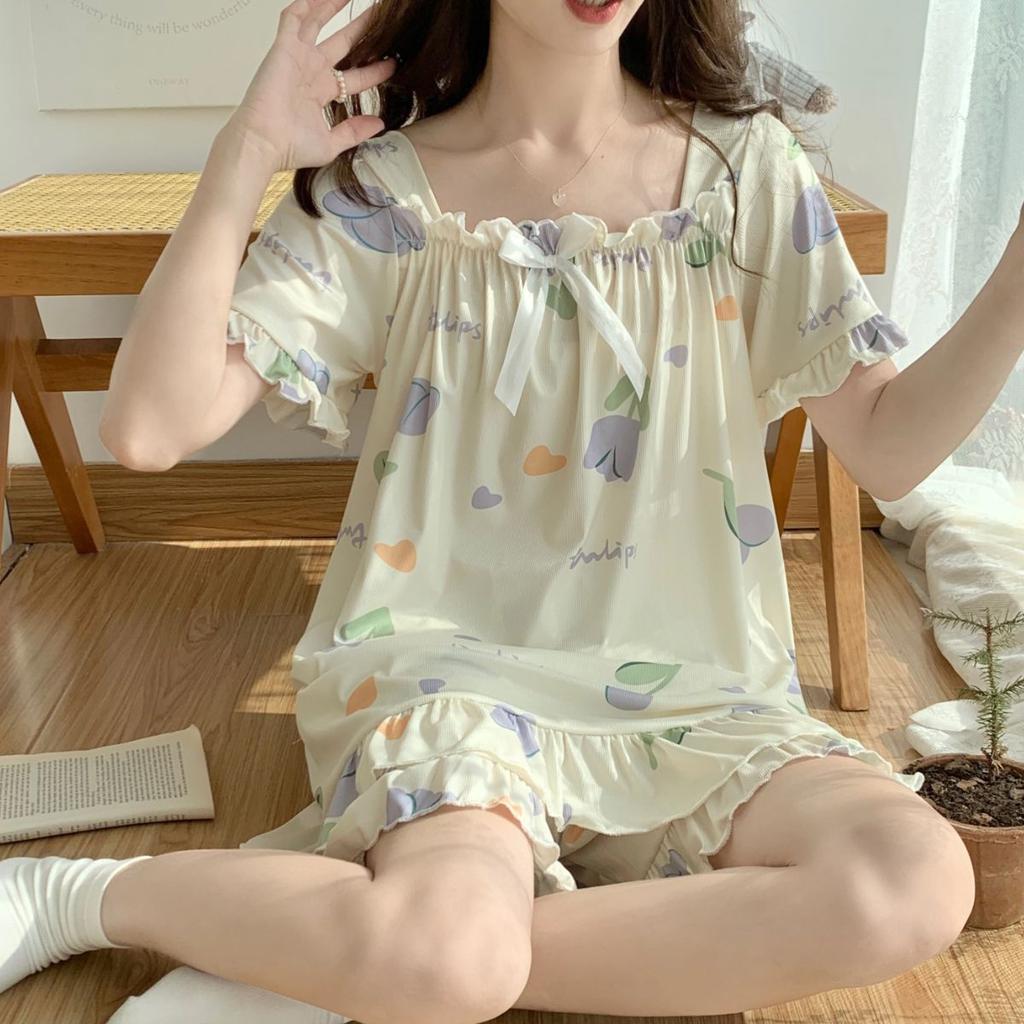 Summer Ice Silk Short Sleeved Set, Oversized Casual Pajamas, Women's Summer Home Clothing, Comfortable and Loose