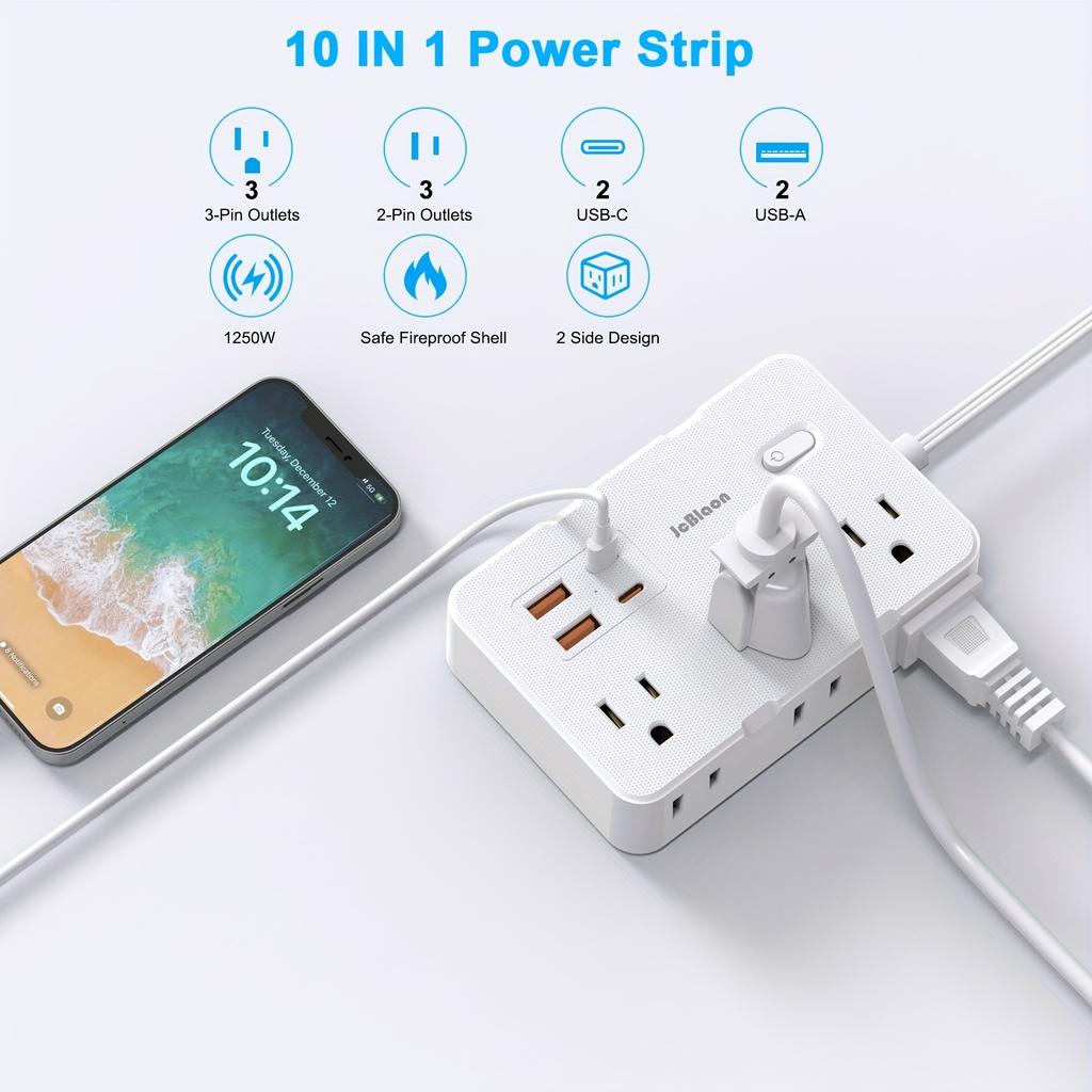 Ultra Thin Flat Plug Extension Cord with 6 Widely Outlets Extender 4 USB Ports (2 USB C), 5ft Surge Protector Power Strip for Ho