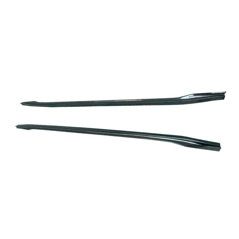 Fits Tesla Model 3, 2018+: V-style Carbon Fiber Side Skirts, Rocker Panels, and Foot Pedals.