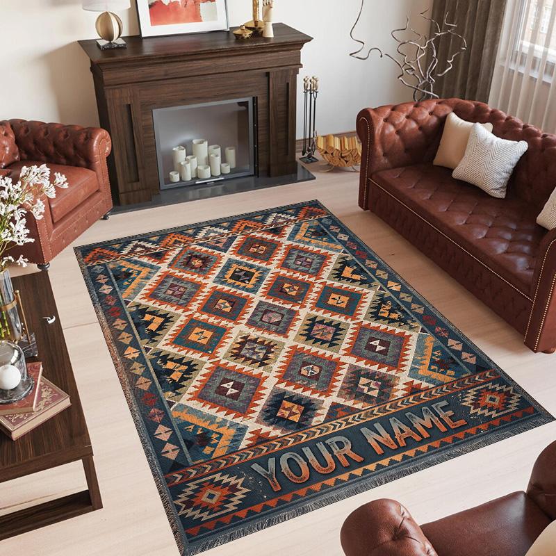 Abstract Geometric Theme Crystal Velvet Rug Personalized Custom Name Text Soft Floor Mat Home Decor