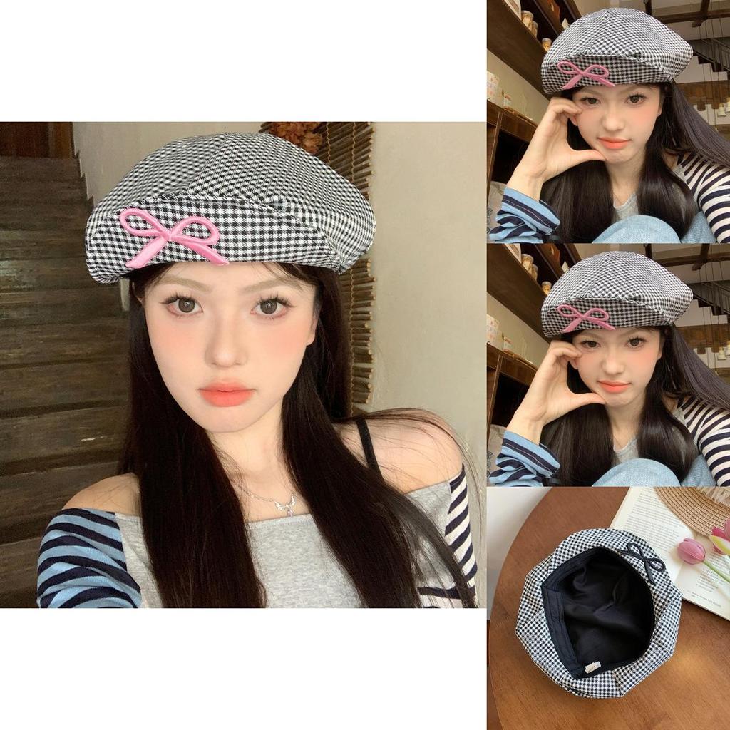 Elegant Korean Style Plaid Bowknot Cloud Beret Hat For Women And Men Spring Fashion