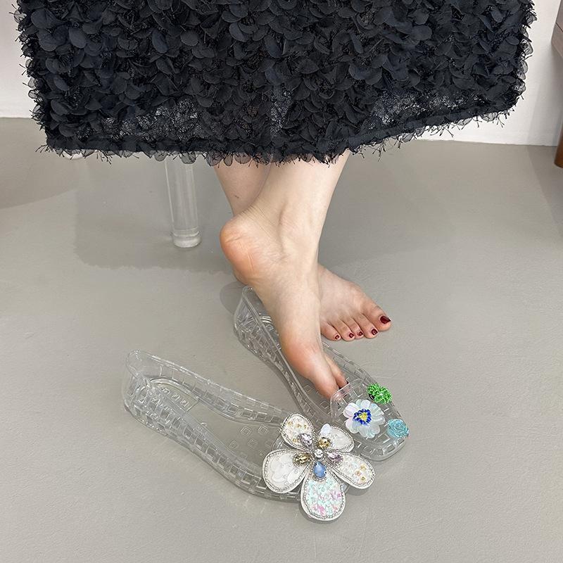 Fashion Transparent Crystal Jelly Sandals Hollow Out Slippers Korean Style Flat Shoes Women's Square Toe Shallow Slip on Ballet Loafers