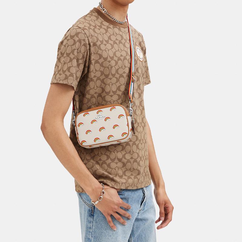 New COACH Jamie Coated Canvas With Leather Camera Bags Shoulder Bag Crossbody Bag Small Size Women's Ecru & Brown CJ647-SVCAH