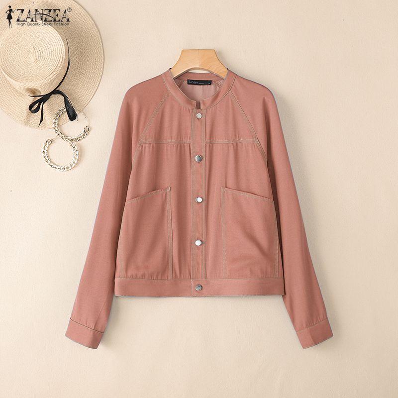 ZANZEA Dámská ležérní jednobarevná halenka s kulatým výstřihem s dlouhým rukávem