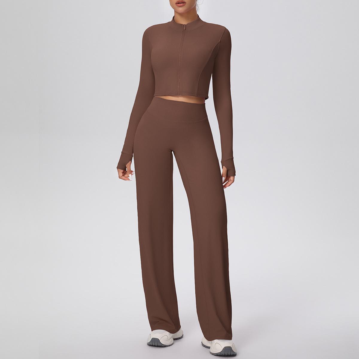 

New Cross-border Solid Color Zip Jacket & Wide Leg Yoga Suit - Two-piece Fitness Set Extra Large