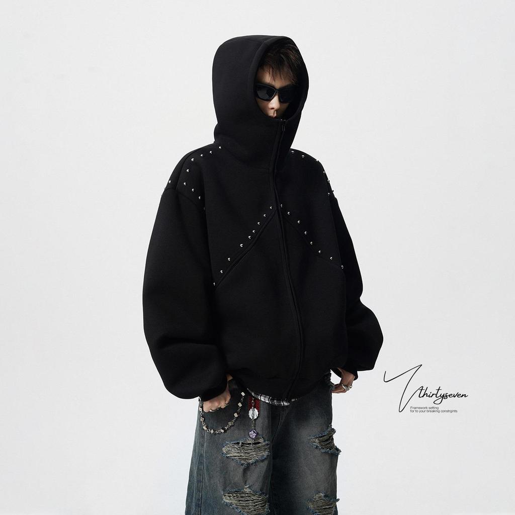 Unisex Pánský/Dámský Těžký Mikinový Svetr s Nýty - Podzim/Zima 2025 Trendy Volná Bunda