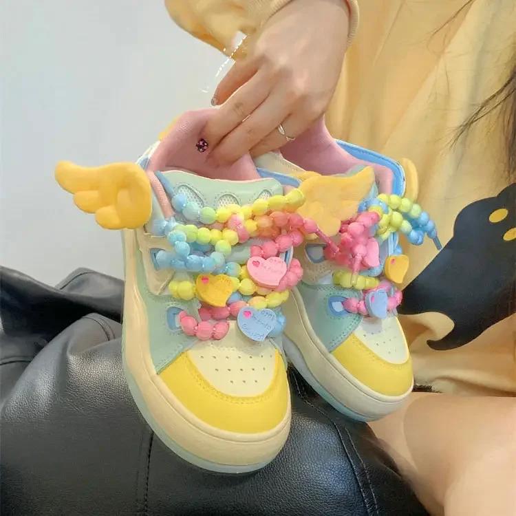 Fashion Sweet Best - Selling Rainbow - Colored Sneakers, Wing & Bead & Heart Detail, Ideal for Cute Daily Looks