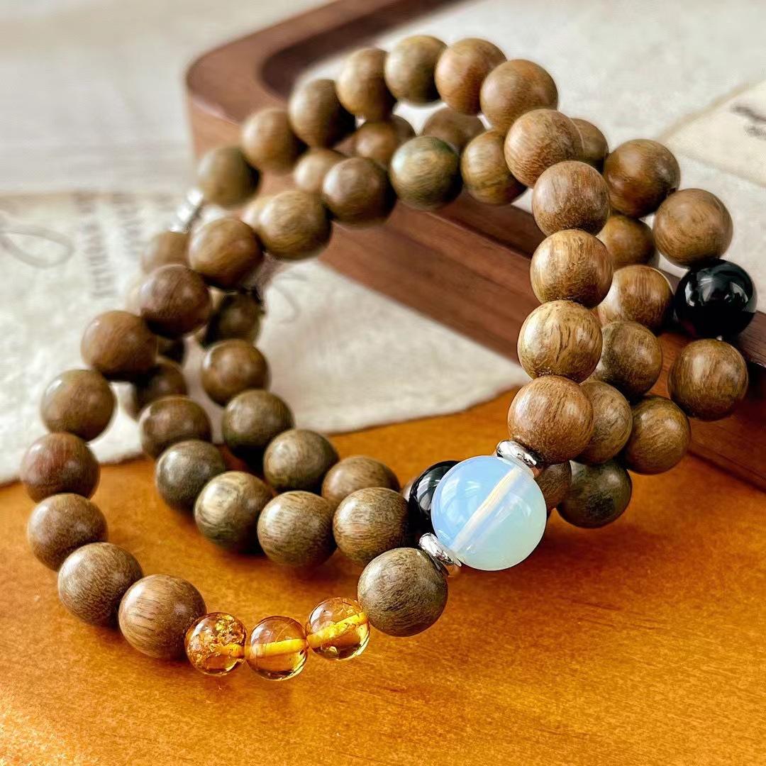 

Vintage Maillard Style Natural Black Agate Amber Sandalwood Contrast Color Bracelet Bracelet