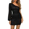 Women's Sequin One Shoulder Dress Long Sleeve Sparkly Mini Bodycon Dress Ruched Party Cocktail