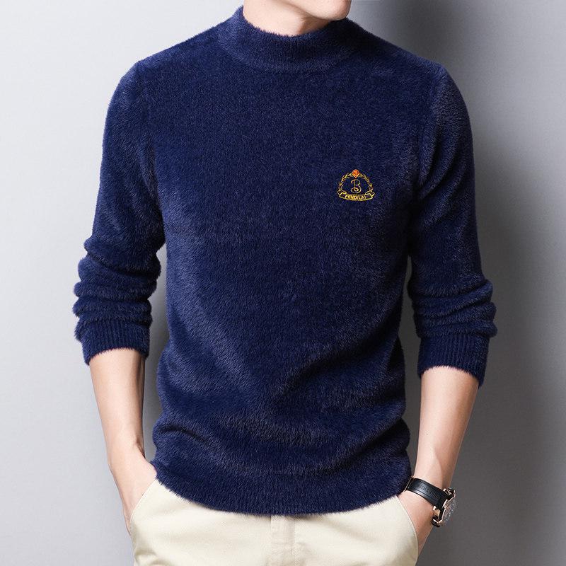 Herren Bestickter Goldener Nerzimitat Kaschmirpullover - Mittelhoher Kragen Warm Lässig Pullover