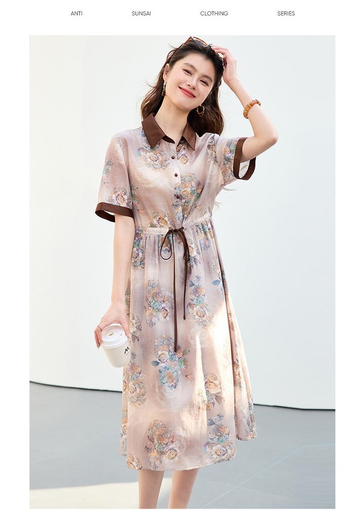 26 year new summer shirt collar with Chinese style high-end feeling, short sleeved skirt, waist cinching versatile mid length skirt, dress