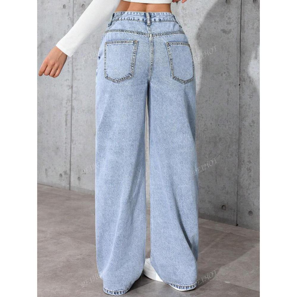Hellblaue High-Waist Wide-Leg Jeans für Damen Lässige Locker sitzende Denimhose mit Vorder- und Gesäßtaschen