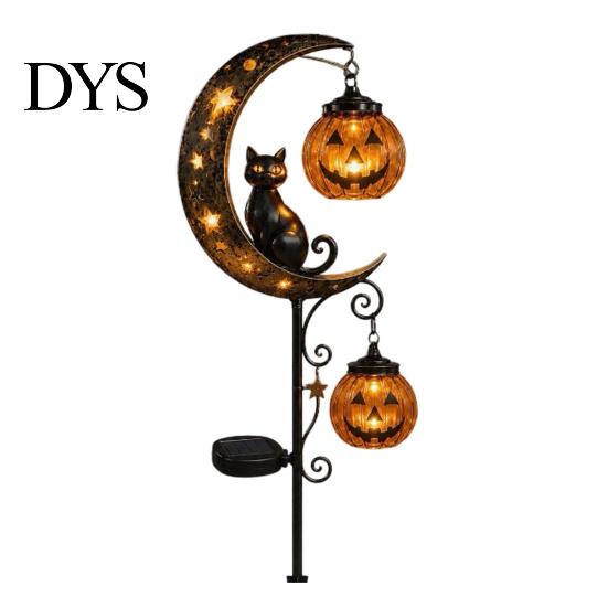 Trick or Treat Outdoor Hofakzente Halloween Solar-Gartenstecker-Licht, Schwarze Katze Kürbis auf Halbmond mit leuchtenden Spießen für Wege