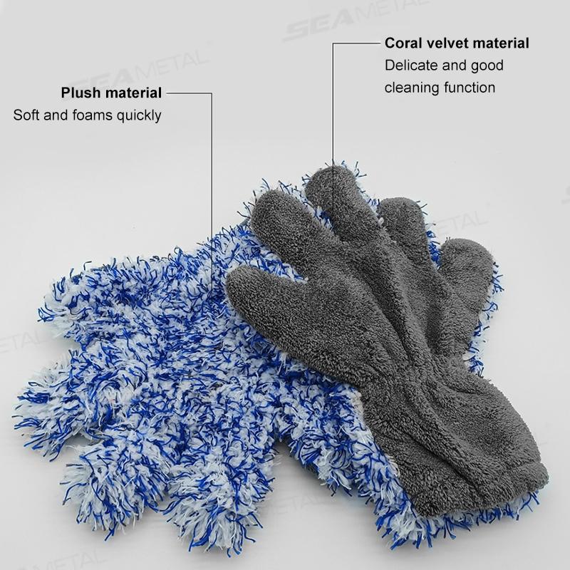 SEAMETAL Microfiber Car Wash Gloves Plush Car Washing Mitt 5-Finger Double-sided High Water Absorption Cleaning Glove