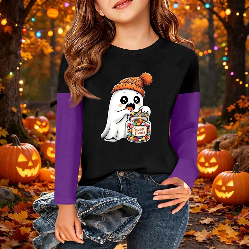 Kids Halloween Print Long Sleeve Neck T-Shirt Casual Top for Boys Girls