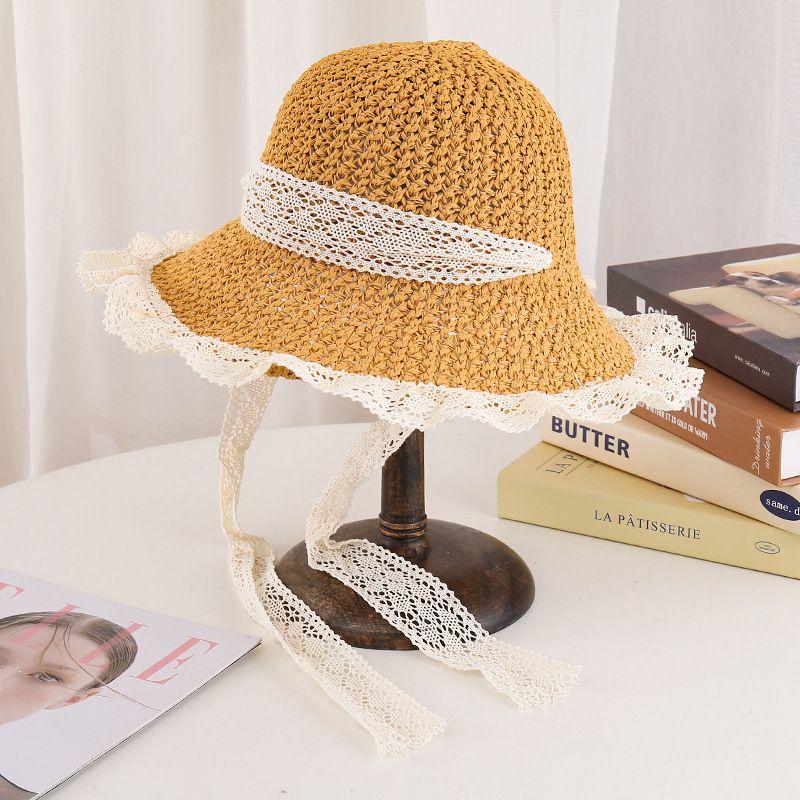 Sunshade Straw Hat Women's Large Eave Lace Bow Sunshade Hat Foldable Seaside Beach Sun Hat