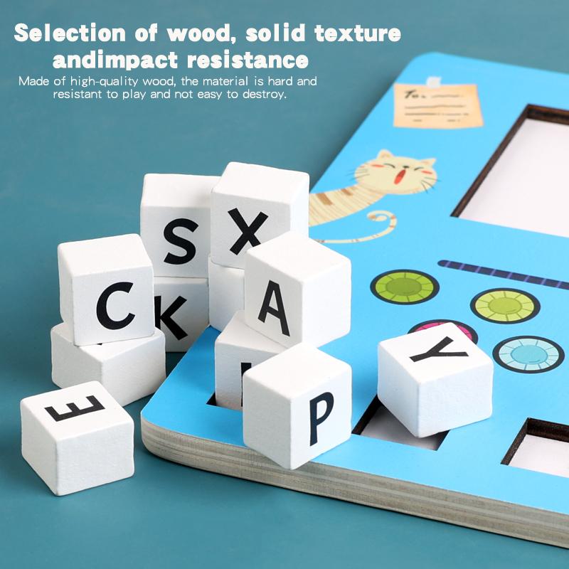 Wooden Building Block Puzzle Alphabet Spelling Educational Toy Letter Recognition Logical Thinking Learning Playset for Kids