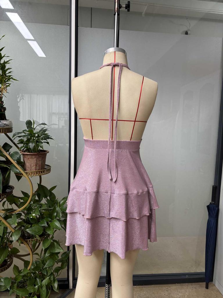 Women's Shiny Pink Deep V-neck Ruffled Slim Fit Dress