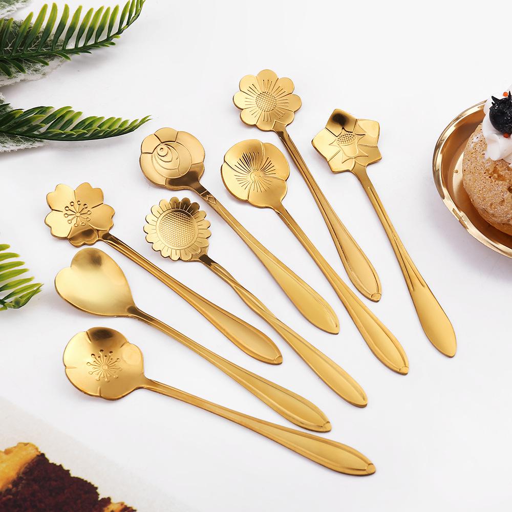 Gold Plated Christmas Flower Mixing Spoon - Japanese Stainless Steel Coffee Stirrer with Custom Logo Option.