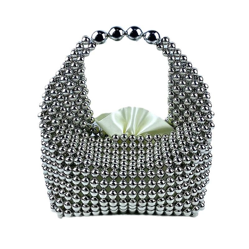 Luxury Design Handmade Silver Acrylic Beaded Handabg for Women Hand-woven Small Evening Bag Dinner Party Clutch Purse  New