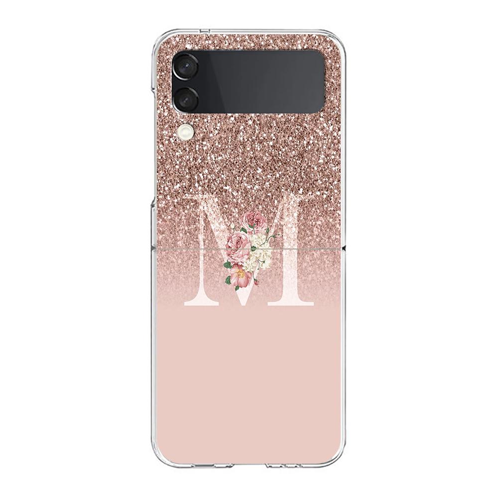 Letter Pink Shiny M R Phone Case For Samsung Galaxy Z Flip 3 4 5 Hard Folding Clear PC Bumper For Samsung Z Flip 6 Cover