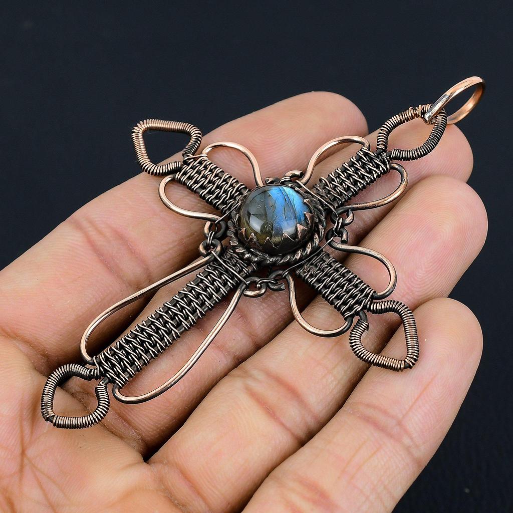 Colgante de Labradorita, Colgante Hecho a Mano con Gema Envuelto en Alambre de Cobre 999 Joyería Antigua, Para Regalo Joyería de Plata